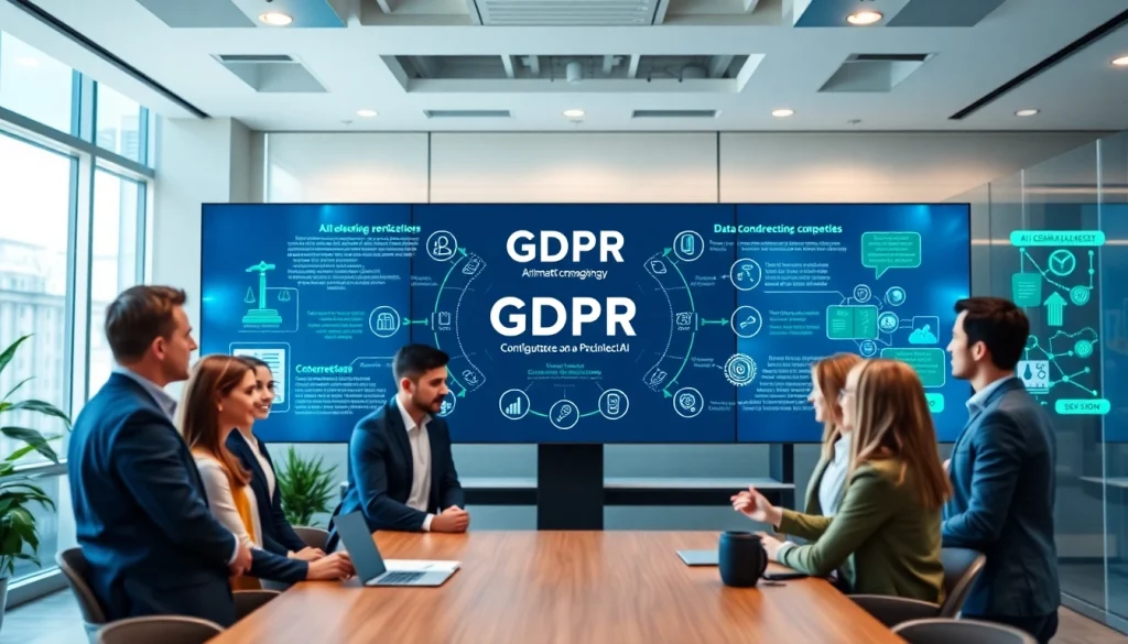 Illustration of GDPR AI compliance principles in a collaborative office setting.