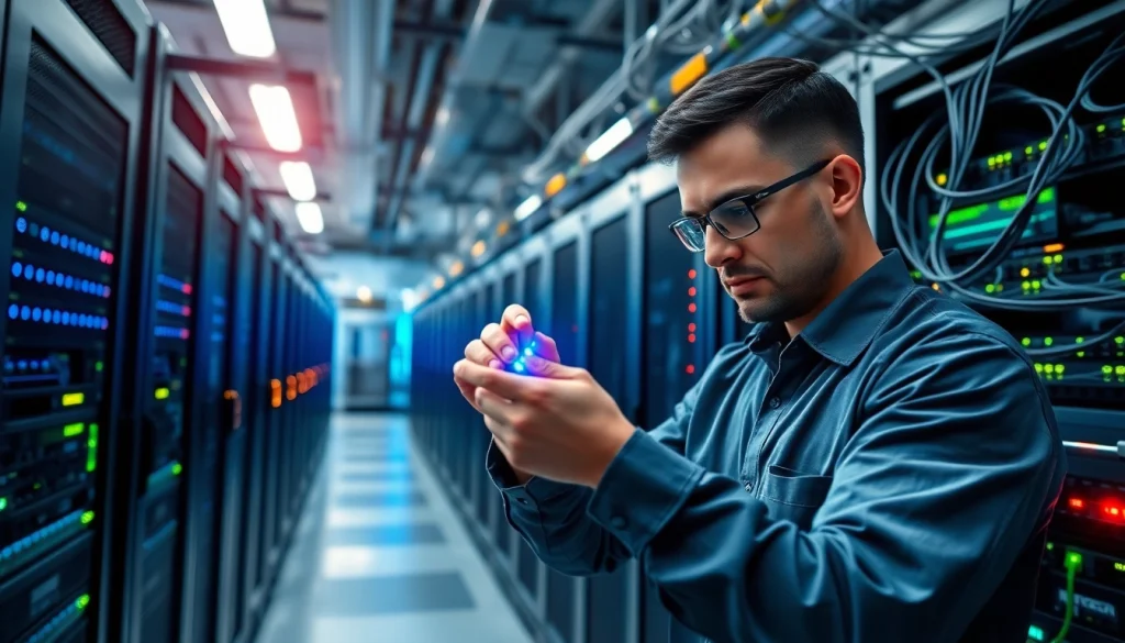 Engineer demonstrating sonic internet fiber-optic network installation in a high-tech data center.