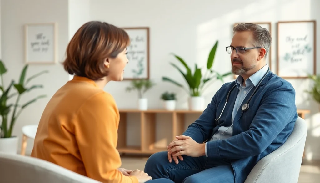 Psychiatrist provides support in a calming clinic atmosphere, emphasizing mental health.