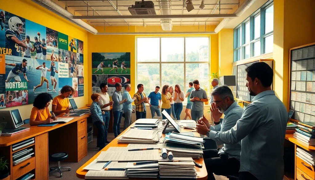 Engaging atmosphere at dailysport.co.uk's vibrant newsroom discussing sports events.