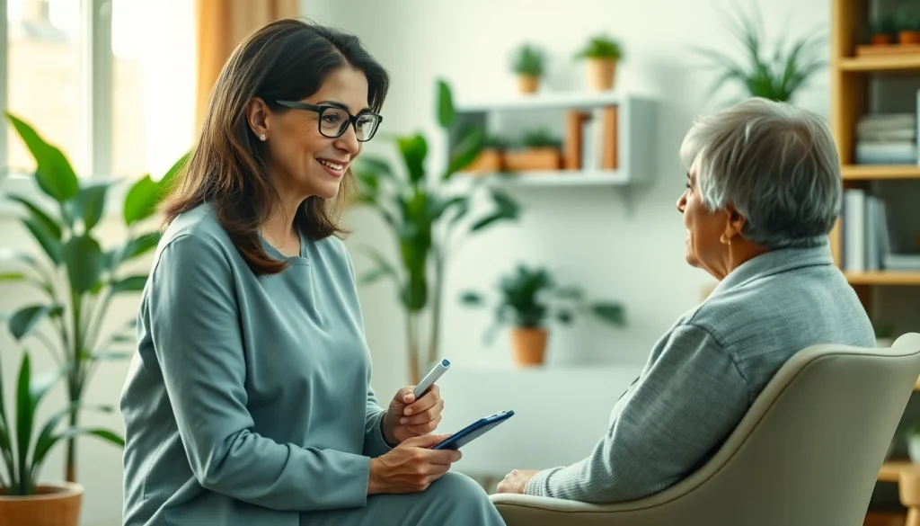 Engaging psychiatrist discussing mental health in a calming consultation space.