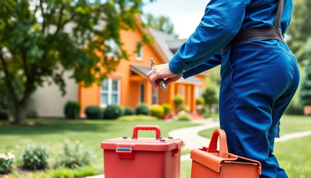 Find a professional plumber near me checking a faucet in a bright residential garden.