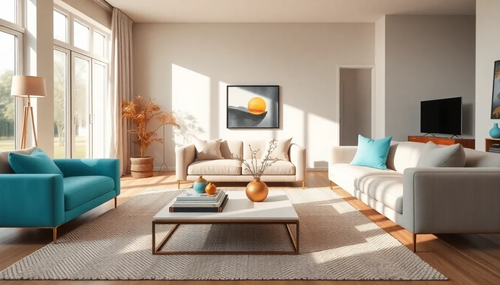 Interior decorator arranging a stylish, modern living room with vibrant decor elements.