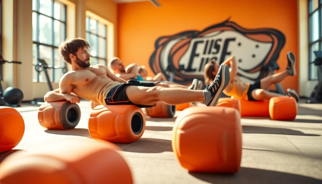 shop durable foam rollers being demonstrated by fitness enthusiasts in a sunlit gym.