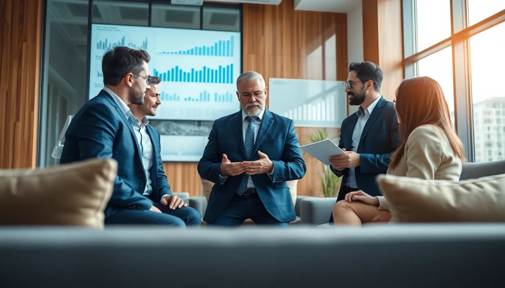 Real estate investment group collaborating in a modern office environment with charts and data.