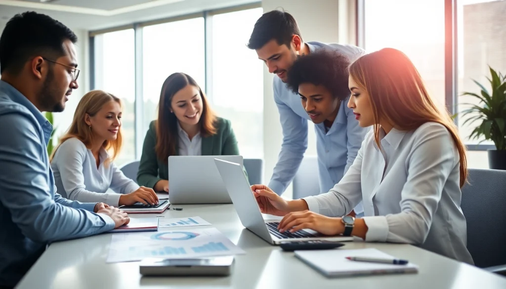 Digital Accountants team collaborating in a modern office environment with financial charts.