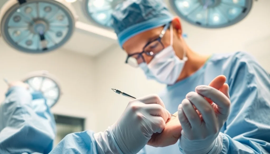 Handchirurgie Braunschweig, der Chirurg führt präzise Eingriffe an einer Hand durch.