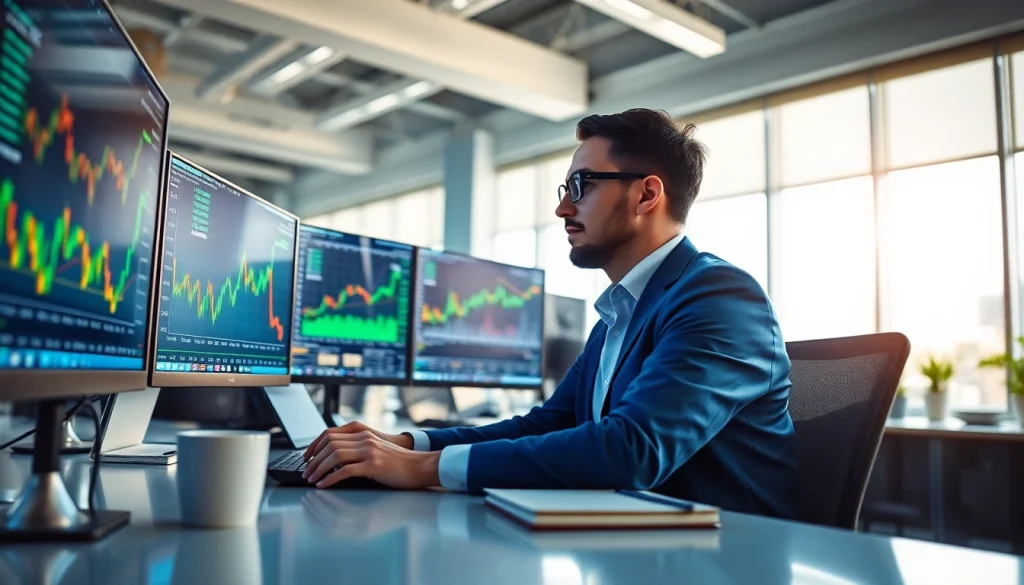 Trader analyzing Forex market data with multiple screens in a dynamic office environment.