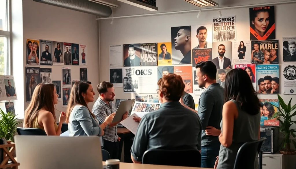 Music PR Agency team collaborating in an energetic office environment.