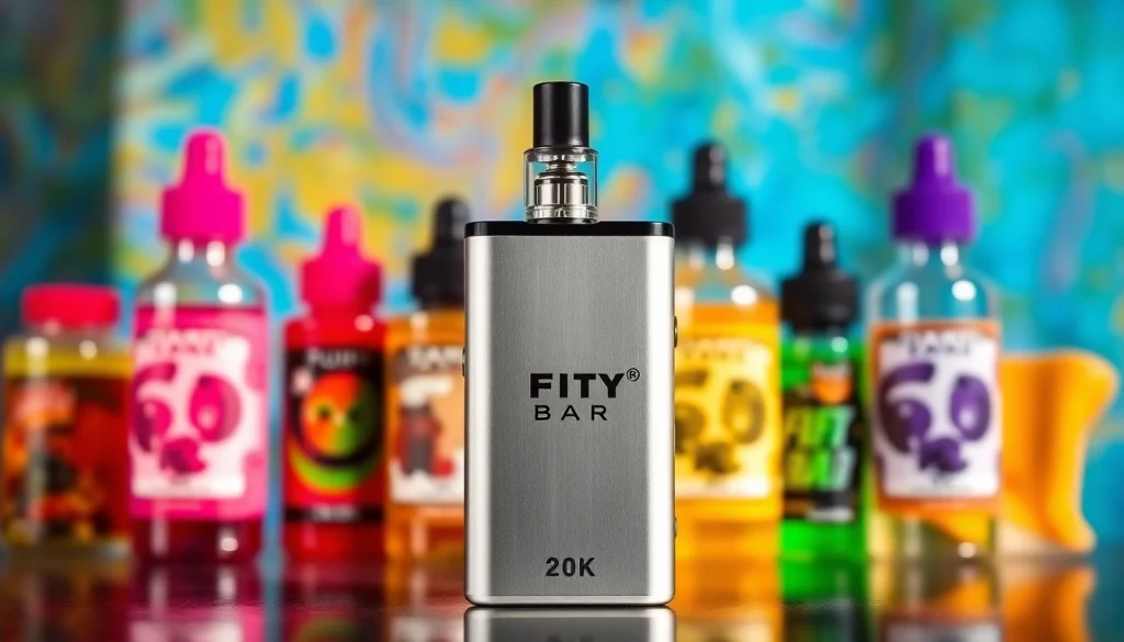 Showcasing FIFTY BAR 20K disposable vape highlighting its sleek design and vibrant colors.
