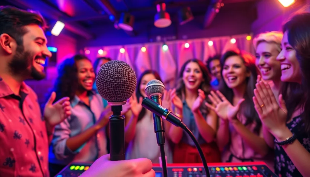 Singers enjoying Karaoke at a lively party with vibrant decorations and cheerful friends.