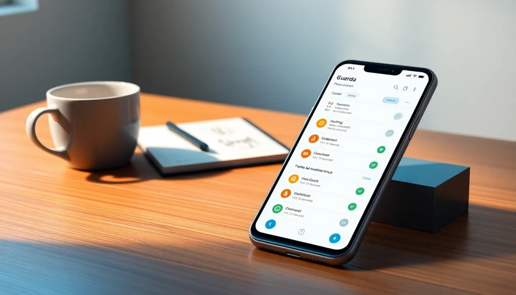 Reveal the features of guarda wallet on a sleek smartphone interface set in a modern work environment.