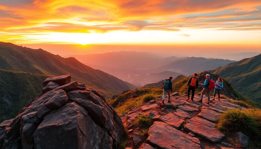 Group experiencing a memorable trip to travel amidst stunning landscapes and vibrant sunset.