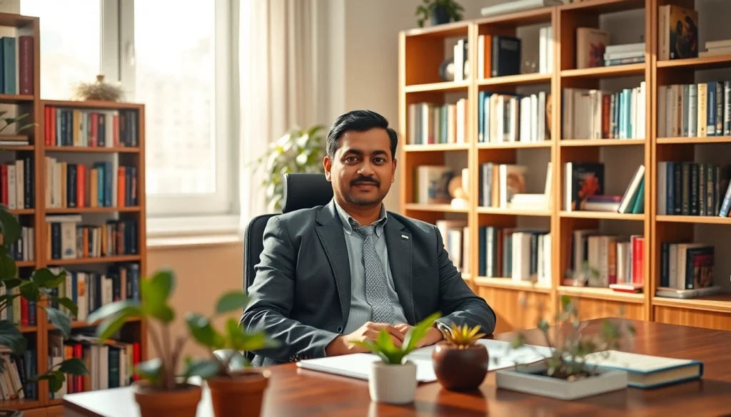 Psychiatrist providing a calming presence in an inviting office setting.