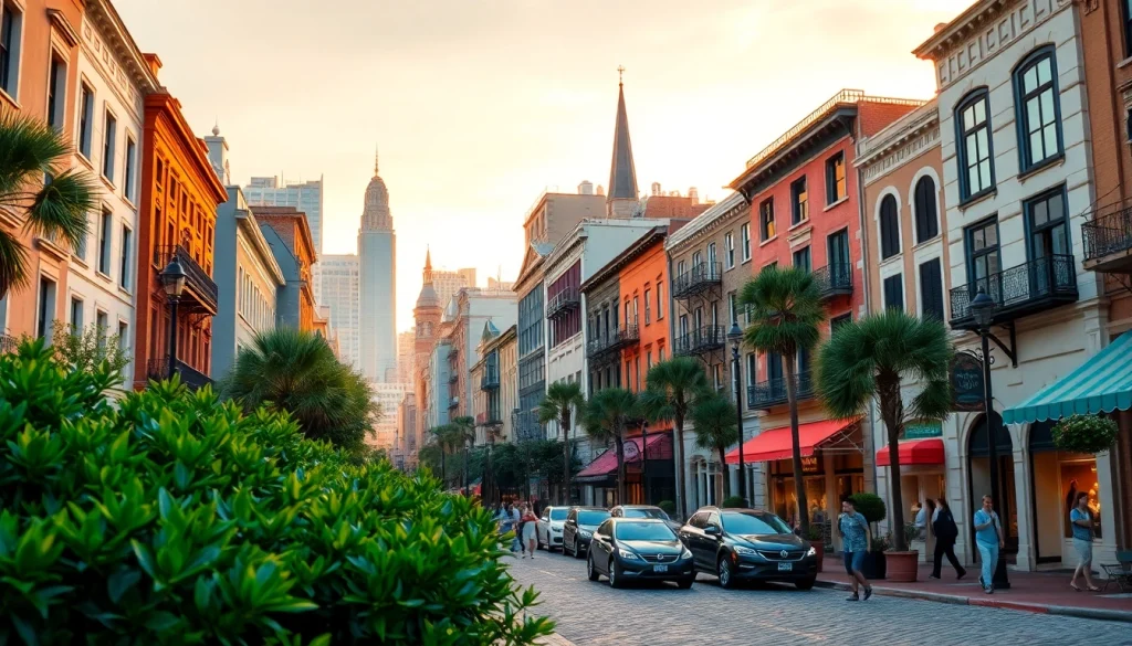 View of Charleston SC. bustling with lively streets and historic architecture during sunset.