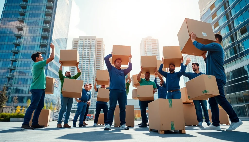 Movers Calgary team efficiently handling boxes in a bustling urban landscape.