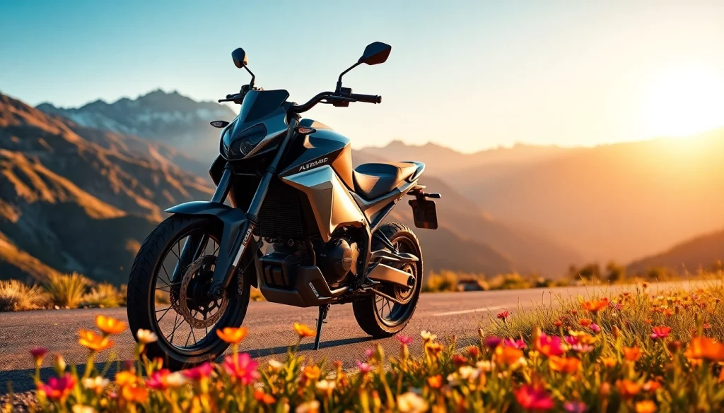 Talaria Komodo motorcycle parked on a scenic mountain road, showcasing its sleek design and adventure-ready spirit.