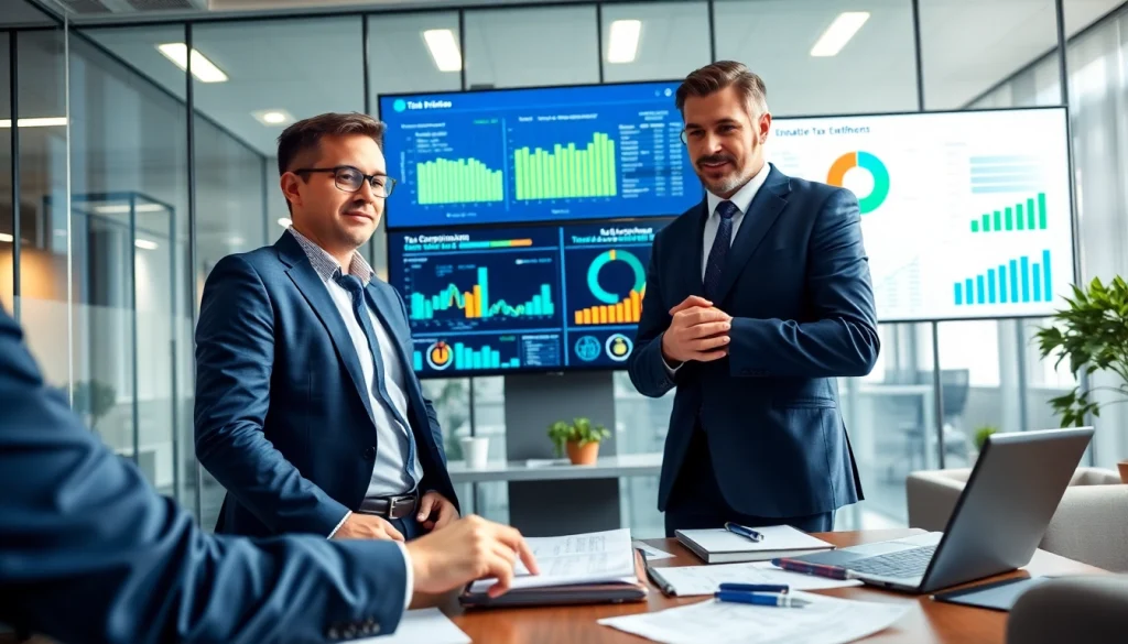 Showcasing a financial team engaged with a digital tax compliance platform in a modern office setting.