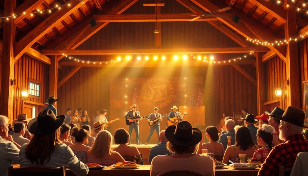 Experience live entertainment at firelight barn with musicians performing in a cozy rustic setting.