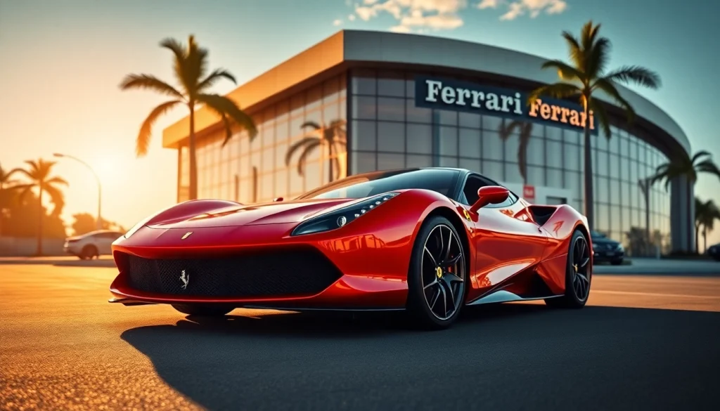 Ferrari dealership Durban showcasing a stunning Ferrari car outside a luxurious dealership.