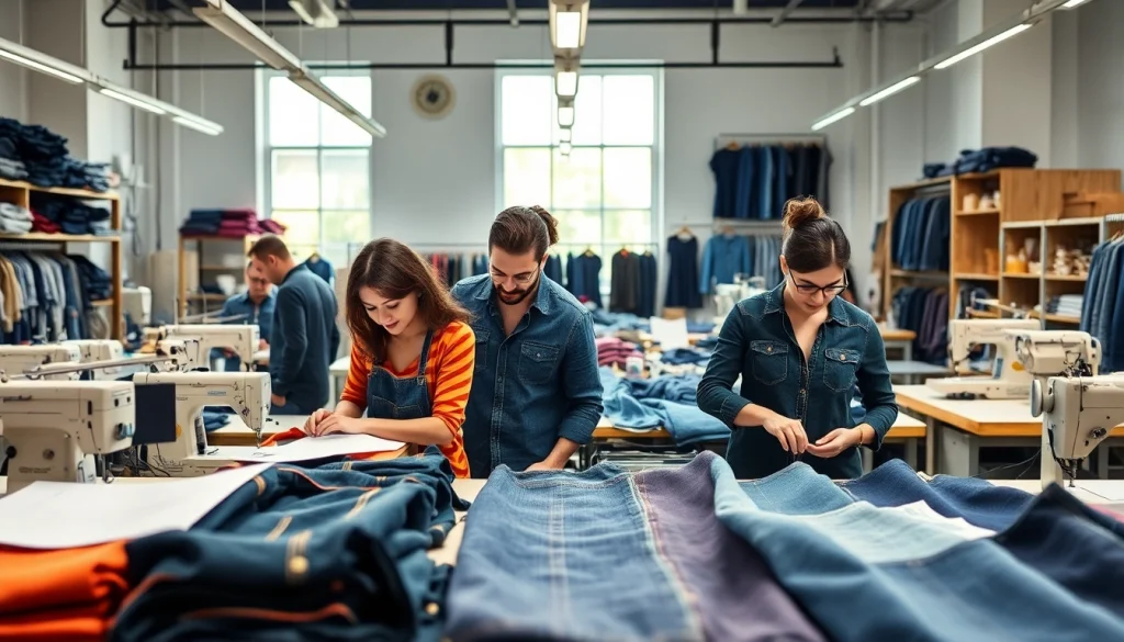 Showcase of jeans garment manufacturers engaged in fabric design and sewing in a vibrant workshop.