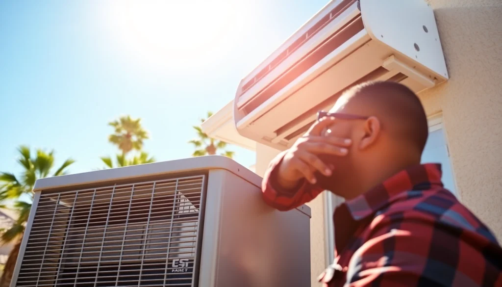 Air Conditioning service palm desert ca with technician maintaining AC unit in sunny environment.