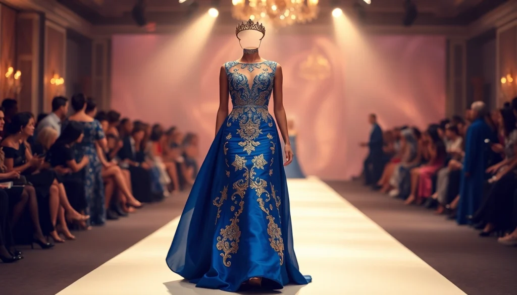 Stylish evening dresses showcased elegantly on a runway, highlighting intricate details and luxurious fabrics.