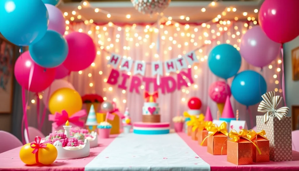 Create a stunning setup for a customizable birthday party filled with vibrant decorations and personalized touches.