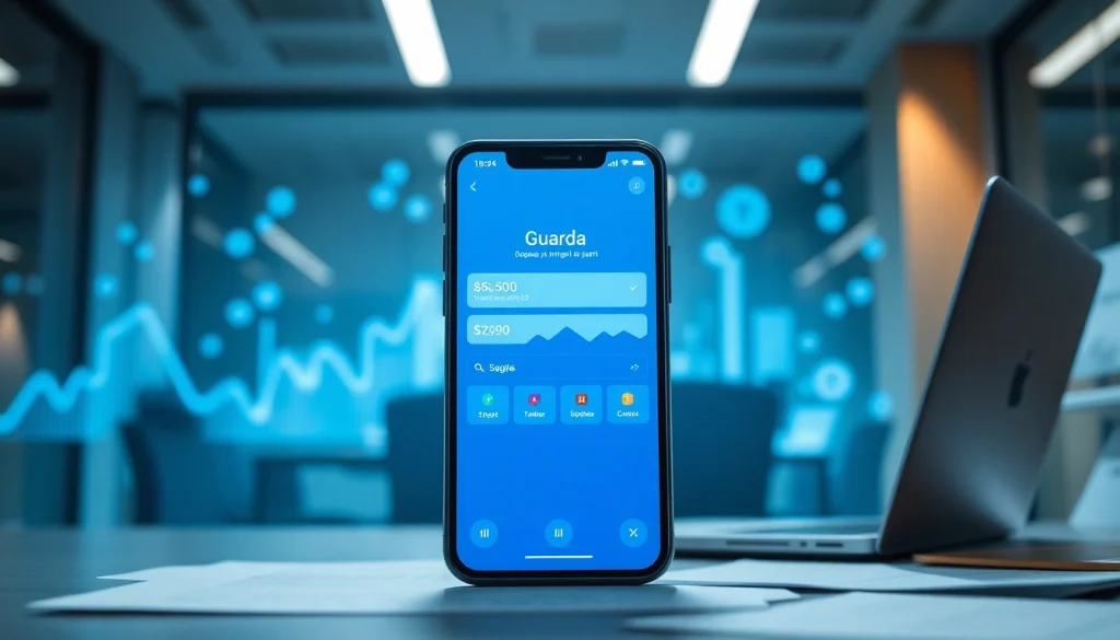 Showcasing the guarda wallet application on a smartphone in a modern workspace setting.