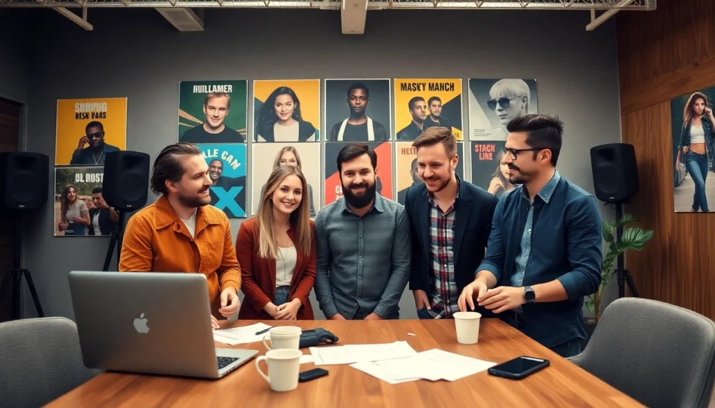 Showcase of music PR companies team collaborating in a creative studio environment.