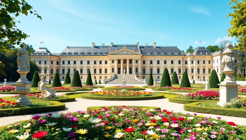 Visitors admiring the Schönbrunn Palace in Vienna with beautiful gardens blooming around it.