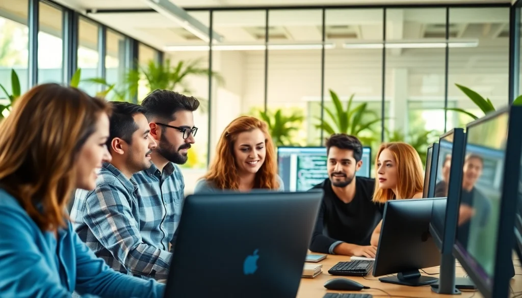 Kansas City web developers collaborating in a modern office environment, showcasing teamwork and creativity.