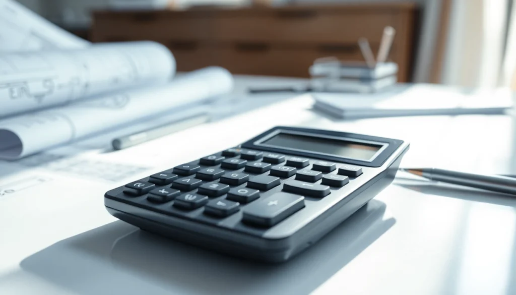 Use a Scientific Calculator on a modern desk surrounded by blueprints, showcasing its advanced features.