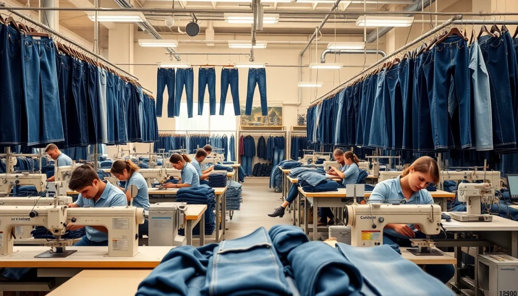 Showcasing jeans garment manufacturers crafting high-quality denim products in a vibrant factory setting.