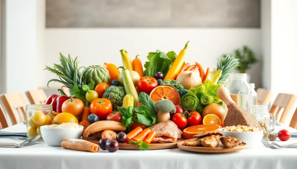 Demonstrating intake of healthy foods with fresh fruits and vegetables on a dining table.