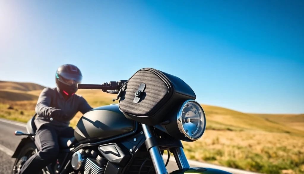 Motorcyclist showcasing a motorcycle tank bag on a bike in an open landscape