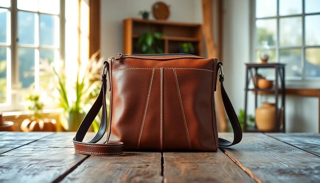 A genuine leather crossbody bag showcasing fine craftsmanship against a warm, rustic setting.