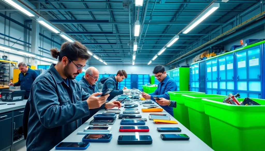 Recycling smartphones not ecoATM amid technicians in a vibrant workspace for sustainable practices.