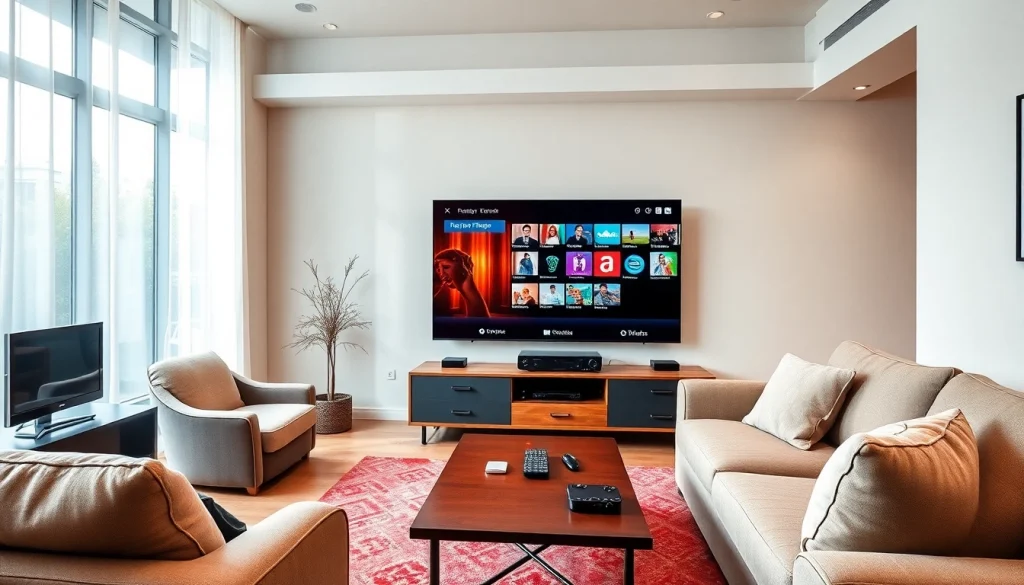 Comprar IPTV en un entorno moderno con dispositivos tecnológicos y una pantalla vibrante.