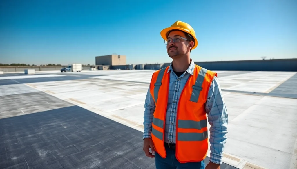 Inspecting commercial roof waterproofing materials and systems on a bright day.
