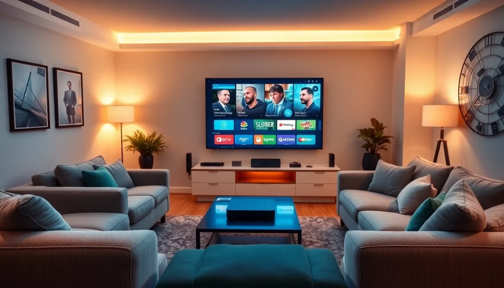 Profitez de Code iptv dans un salon moderne avec un écran plat allumé.