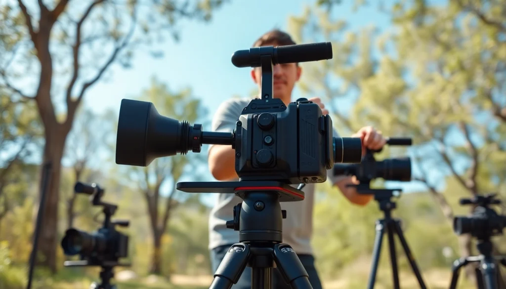 Videographer using a Camera Stabilizer for smooth filming in a lush outdoor setting.