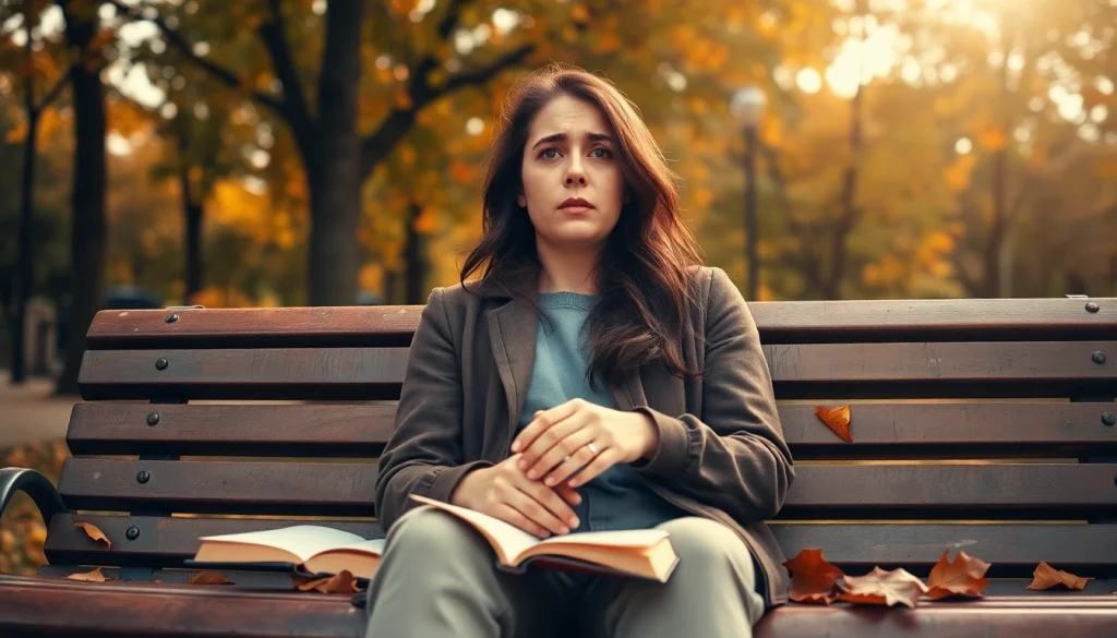 Person reflecting on their feelings after a relationship breakup amid autumn leaves.