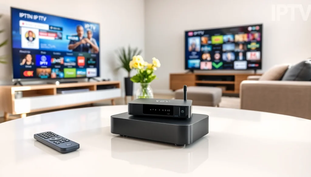 Profitez de Code iptv avec une configuration IPTV moderne réalisée dans un salon accueillant.
