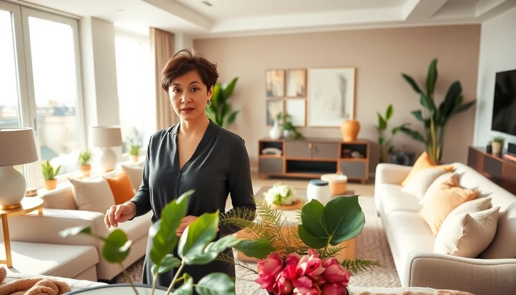 Interior decorator arranging stylish living room decor with vibrant plants and elegant furnishings.