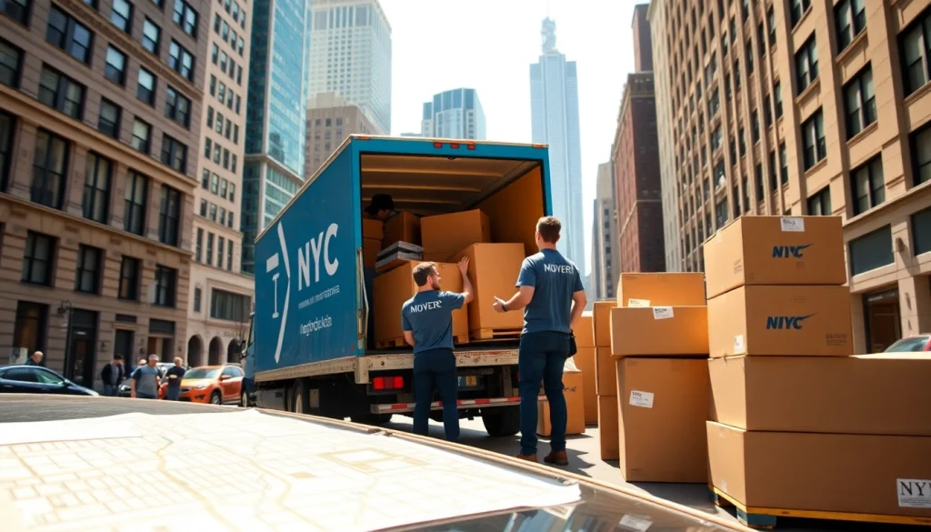NYC movers efficiently loading furniture onto a truck in a vibrant New York City setting.