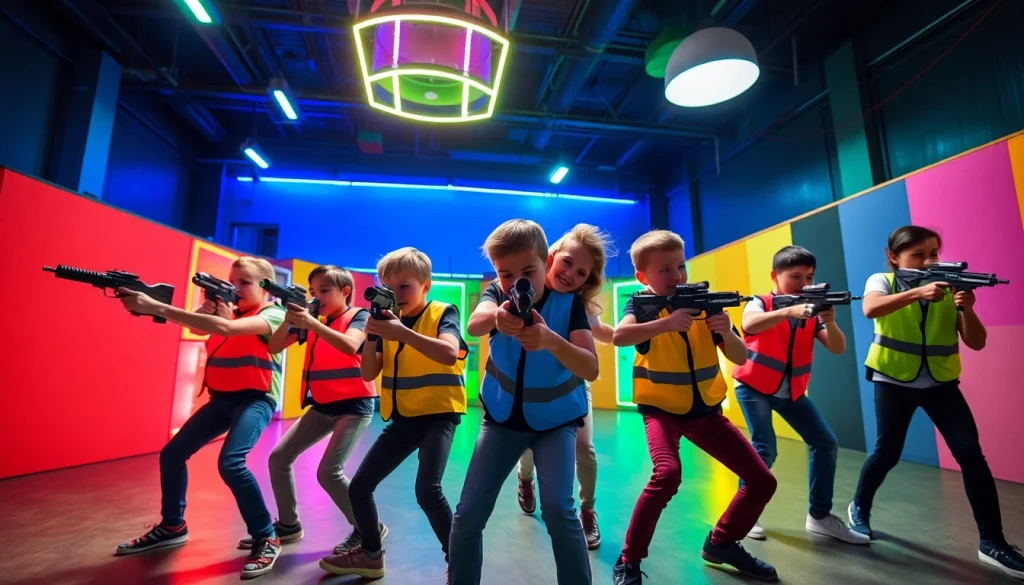 Engaged players in an electric atmosphere of laser tag, showcasing teamwork and excitement.