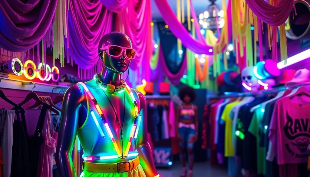 Shop vibrant festival gear at rave store miami featuring colorful outfits and accessories.