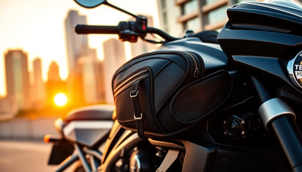 Showcase a motorcycle tank bag on a sportbike in an urban setting during golden hour.