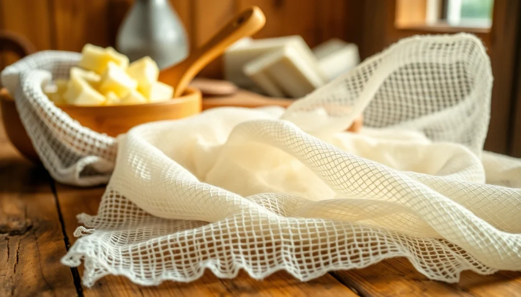Kaasdoek met unieke textuur en gebruik in een rustieke keukenomgeving.